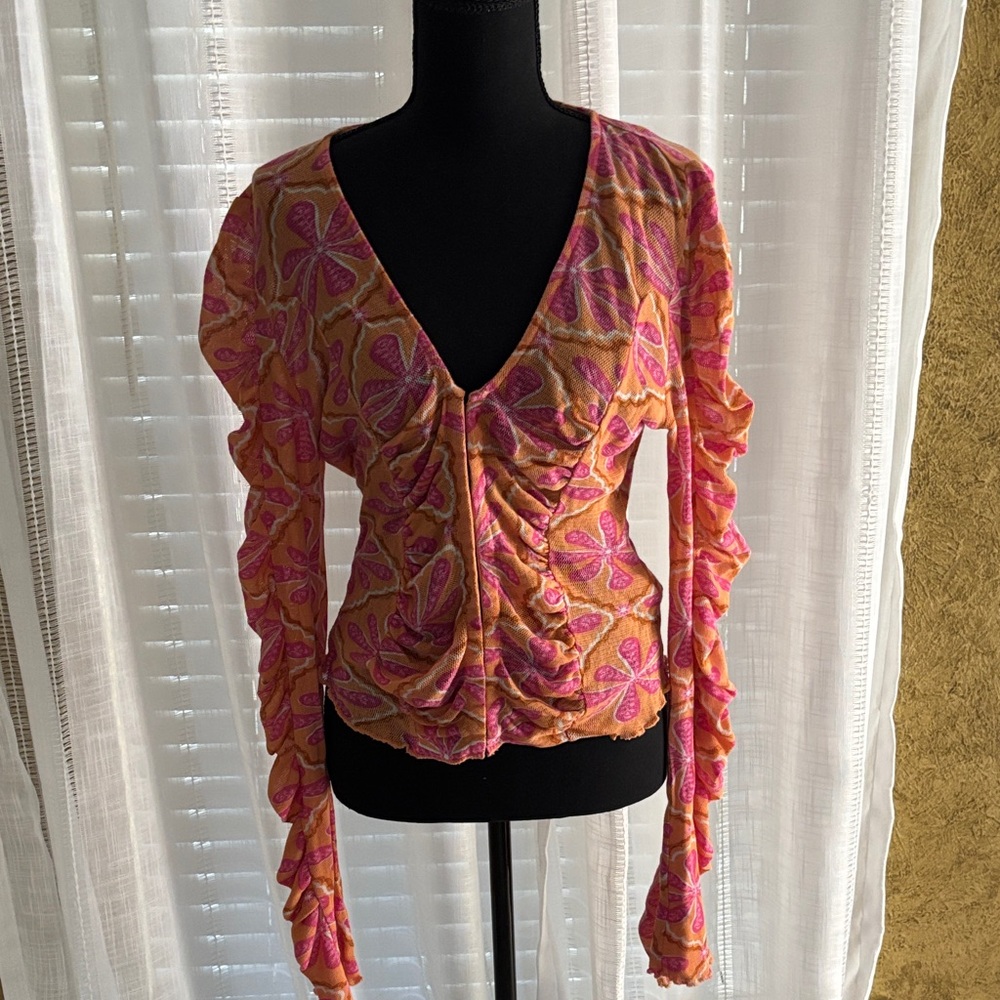 FP Movement by Free People Pink and Orange Ruched Blouse